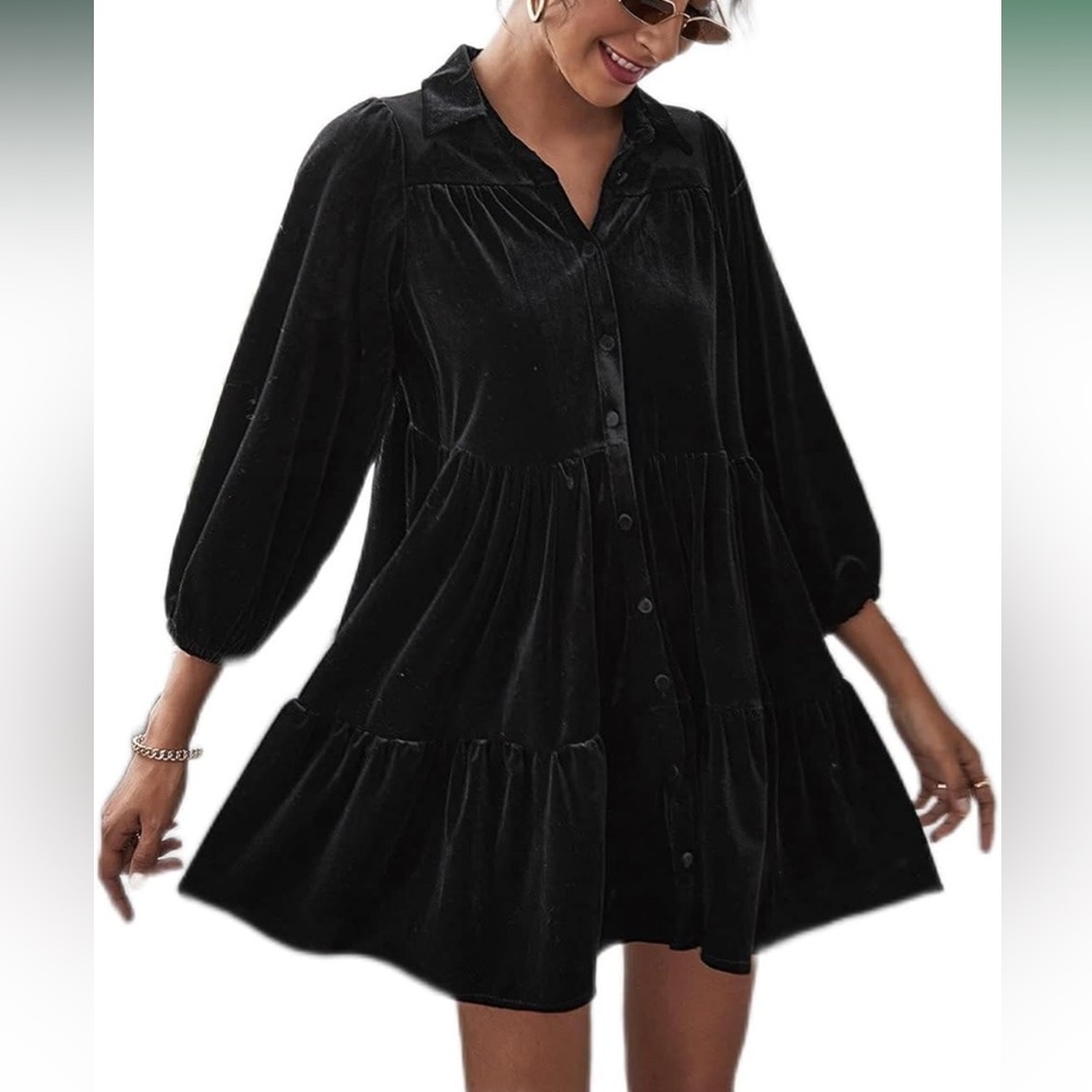 NWOT Black Boutique Smock Dress Crushed Black Velvet Sz Small Button Down V-Neck - Picture 4 of 10